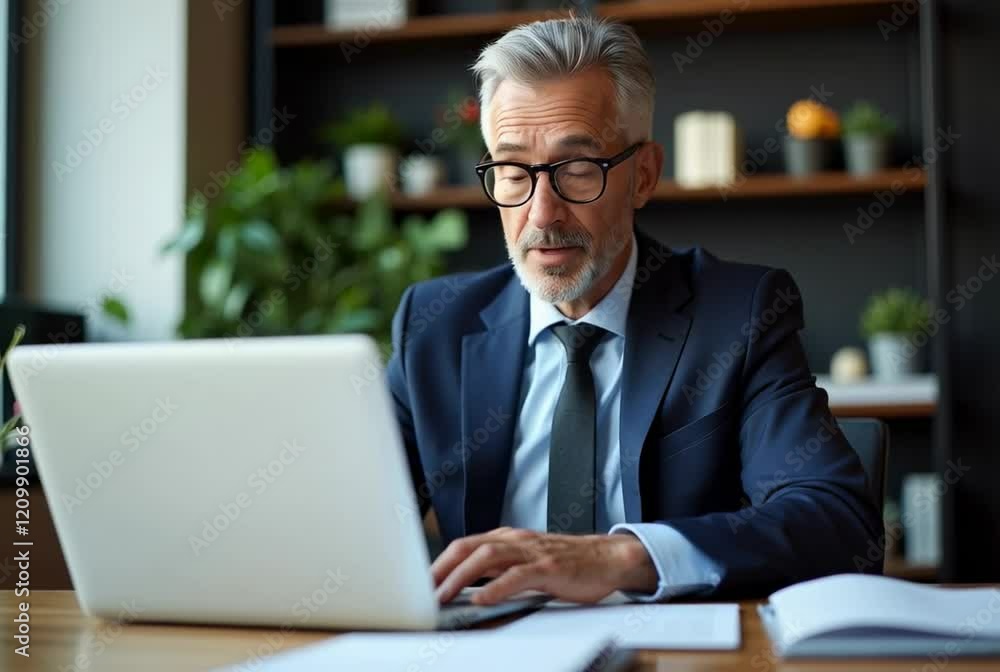 Professional Mature Man Working on Laptop in Modern Office, Focusing on Business Tasks and Technology for Assertive Work Environment Professional Mature Man Working on Laptop in Modern Office, Focusing on Business Tasks and Technology for Assertive Work Environment
