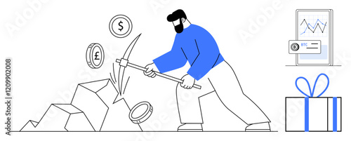 Man mining cryptocurrency with a pickaxe among rocks, surrounded by currency symbols. Financial graph and gift box are featured. Ideal for finance, investment, cryptocurrency, blockchain, mining