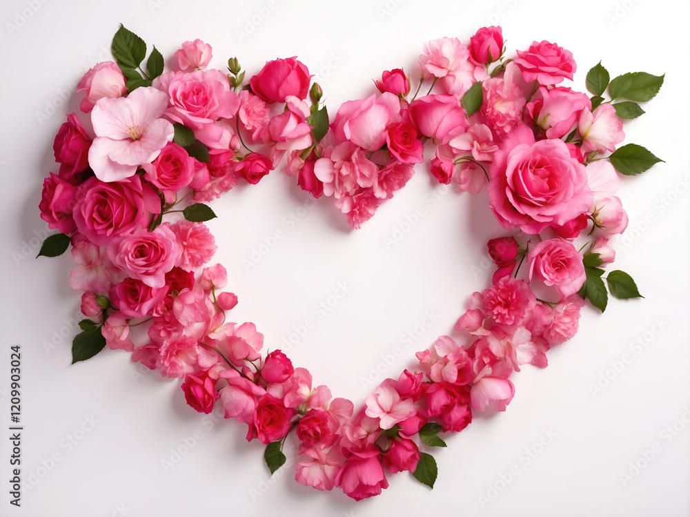 Obraz premium A heart shape of pink and red flowers, roses, Background ideal for themes like Valentine's Day or weddings.