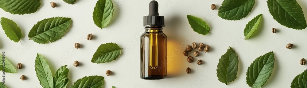 Aromatic Essential Oil Bottle Surrounded by Fresh Green Leaves and Seeds on a Light Background Aromatic Essential Oil Bottle Surrounded by Fresh Green Leaves and Seeds on a Light Background