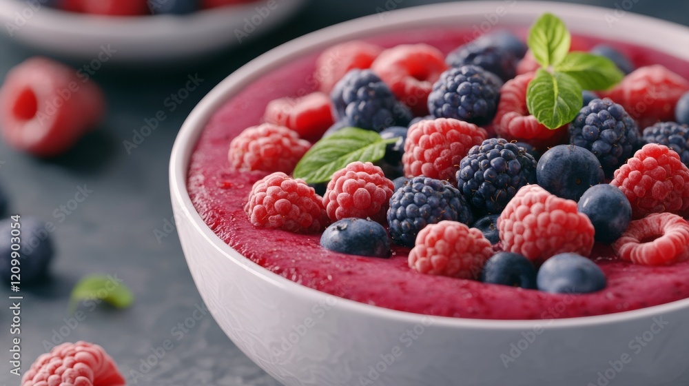 A vibrant bowl of berry smoothie topped with fresh raspberries, blackberries, and blueberries, garnished with mint leaves for a refreshing touch. A vibrant bowl of berry smoothie topped with fresh raspberries, blackberries, and blueberries, garnished with mint leaves for a refreshing touch.