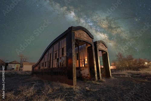Old London subway entrances abandoned in a desert ghost town in Nevada under the Milky Way Galaxy 
