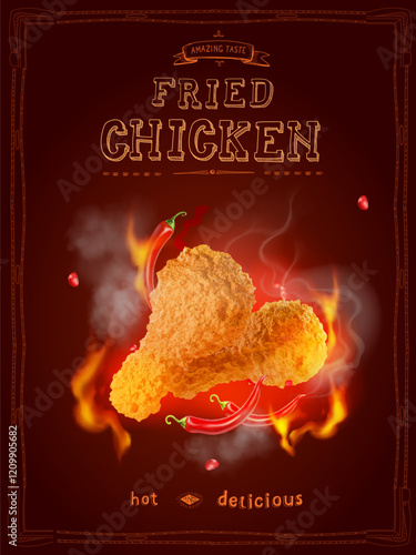 Fried chicken legs in motion, fallen chicken legs with fire and pepper for promo, flying, 3d, realistic fast food poster. Vector