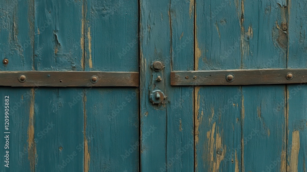 A weathered blue wooden door with metal fittings, showcasing rustic charm and age. A weathered blue wooden door with metal fittings, showcasing rustic charm and age.