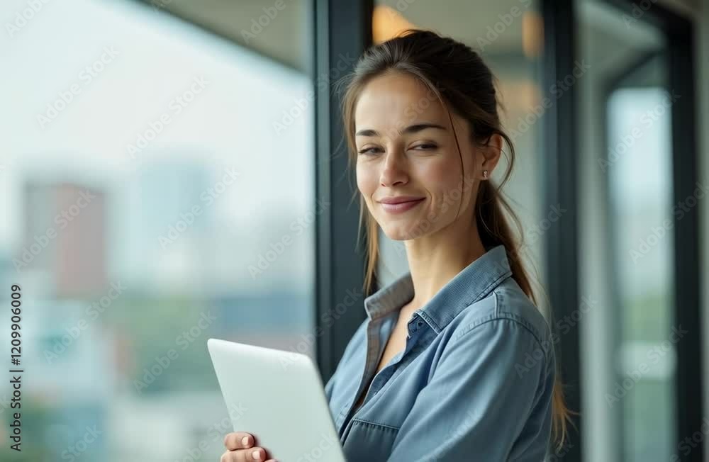 Smiling Young Woman Holding Tablet and Looking Out of Modern Office Window with City View in the Background Smiling Young Woman Holding Tablet and Looking Out of Modern Office Window with City View in the Background