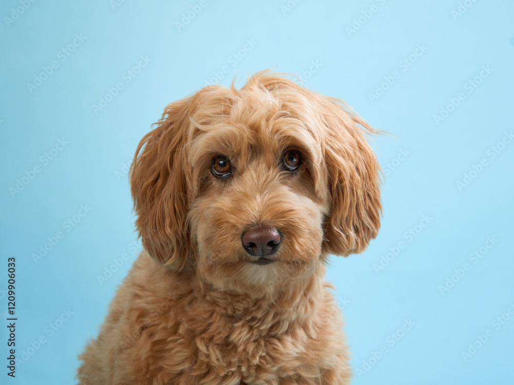 A Labradoodle sits calmly and looks into the camera with a gentle expression against a blue background. A Labradoodle sits calmly and looks into the camera with a gentle expression against a blue background.