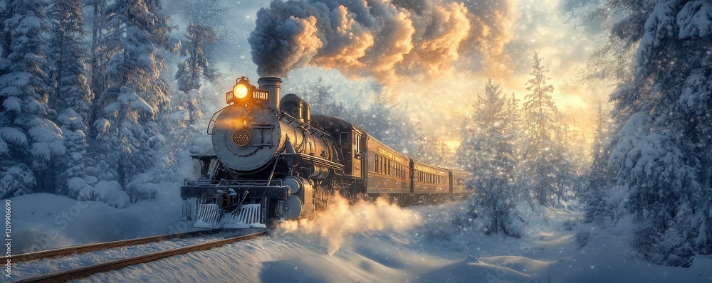 A steam locomotive chugging through a snow-covered winter landscape, its whistle piercing the crisp air as it carries passengers through the frozen wonderland. A steam locomotive chugging through a snow-covered winter landscape, its whistle piercing the crisp air as it carries passengers through the frozen wonderland.