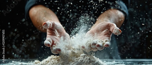 Baker's hands spreading flour in the air. Suitable for cookery blogs, bakery ads and social media dedicated to cooking. photo