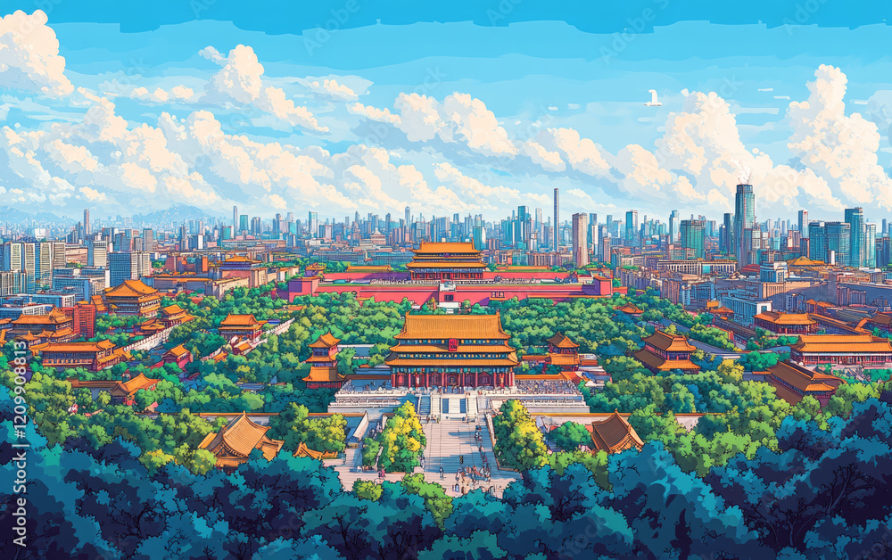 Fototapeta premium Chinese traditional ancient architecture art illustration