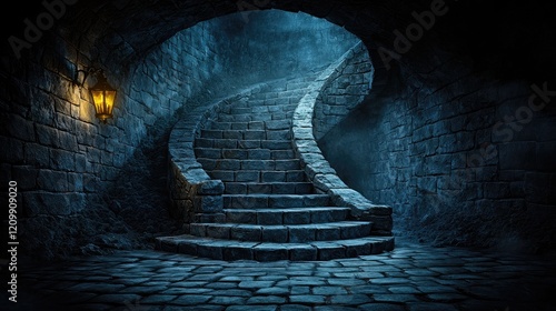 Mysterious stone spiral staircase in dark castle cellar.  Game, fantasy, mystery backdrop