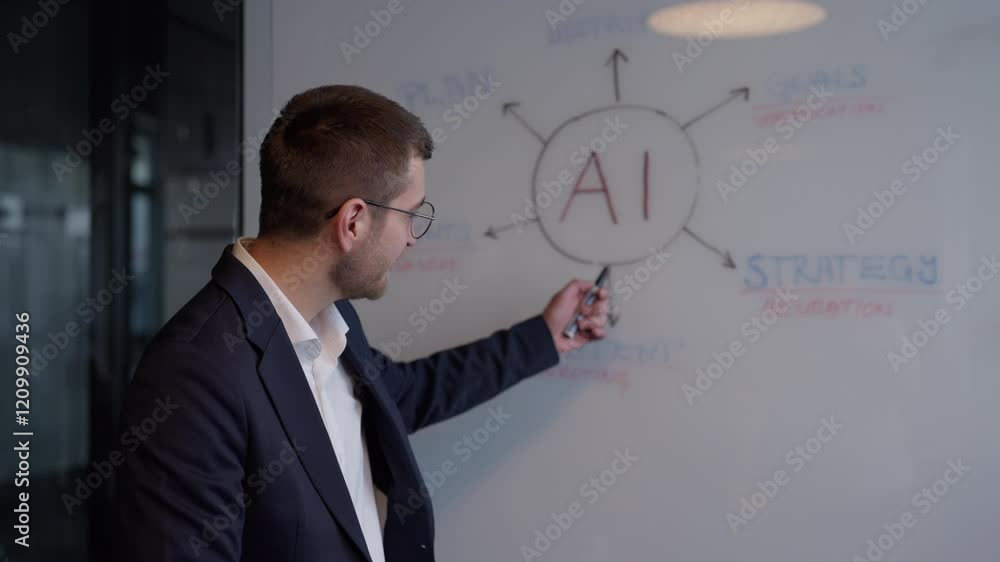 Professional presenter in a business setting, explaining artificial intelligence concepts on a whiteboard. Concept of modern AI strategies, teamwork, and technology education Professional presenter in a business setting, explaining artificial intelligence concepts on a whiteboard. Concept of modern AI strategies, teamwork, and technology education