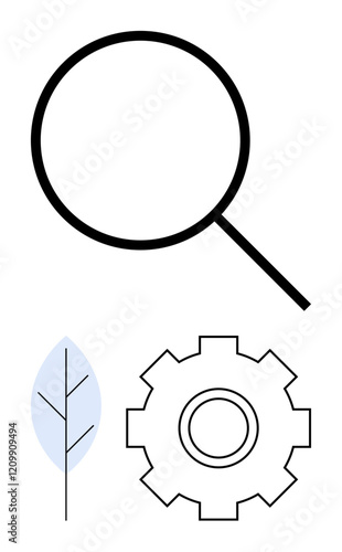 Magnifying glass representing inquiry, gear for innovation, leaf for nature. Ideal for discovery, problem-solving, ecology, development, science technology sustainability. Abstract line flat