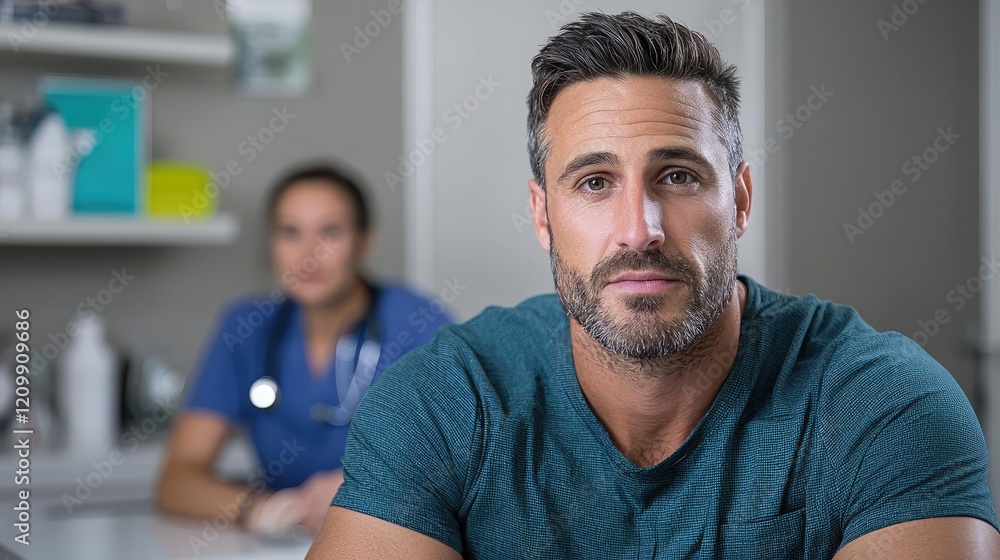 Man at doctor's office, serious expression, healthcare Man at doctor's office, serious expression, healthcare