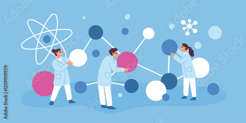 Tiny scientists move molecules. Physicists and chemists conducting experiment. Laboratory research. New formulas. Genetic lab. Scientific discovery. People with atoms. Garish vector concept