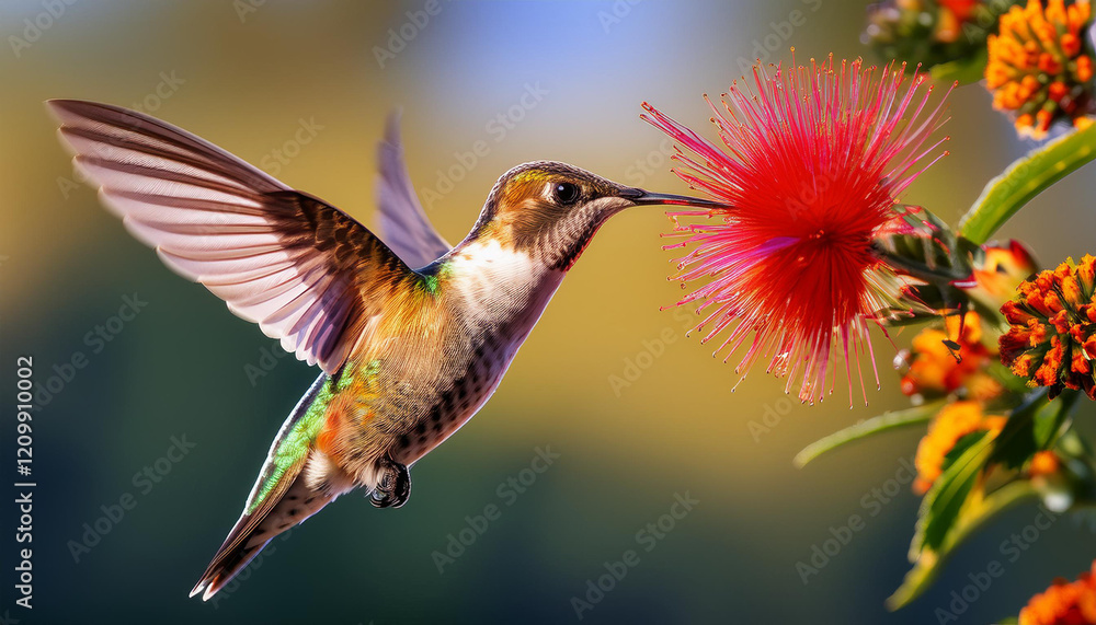 Naklejka premium A hummingbird in flight near a vibrant red flower.