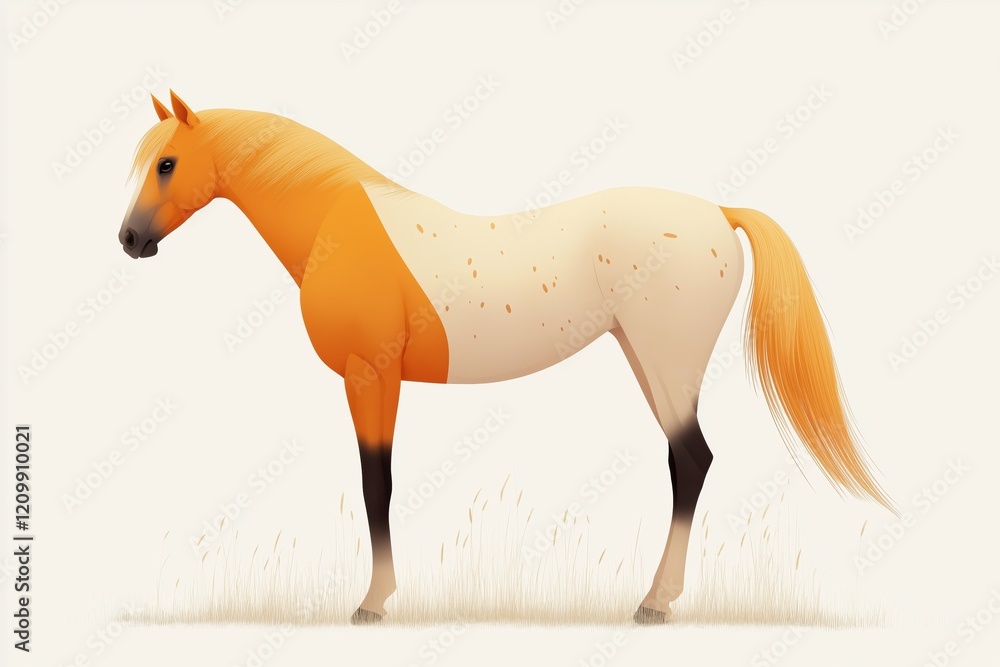 Obraz premium A horse with a white and orange coat stands in a field. The horse is the main focus of the image, and the colors of its coat create a sense of warmth and vibrancy