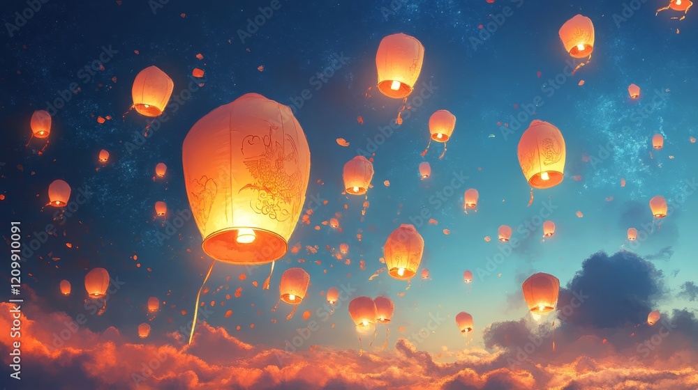 Naklejka premium Chinese new year lanterns with blue sky 