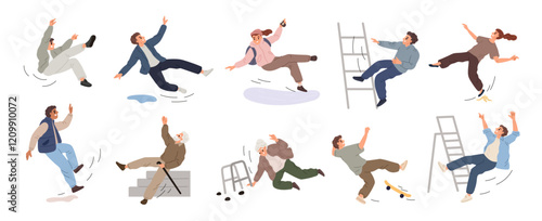 Slipping falling people. Retired men and women stumble on the stairs. Slippery floor. Pain or injuries. Insurmountable obstacles. Young persons fall from stepladder. Garish vector set