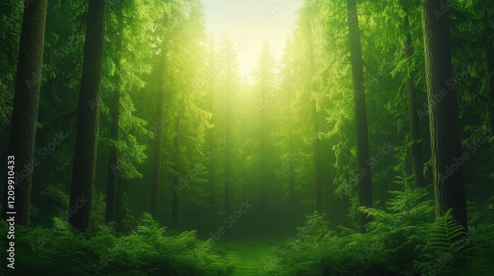 Obraz premium Sundappled forest path, a serene nature walk amidst towering trees tranquil