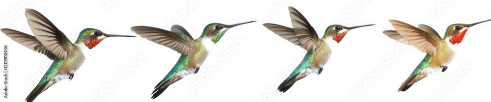 Fototapeta premium series of four hummingbirds in mid-flight. showcasing their vibrant plumage and unique wing positions this depiction highlights their agility and beauty. often used in educational materials or nature-