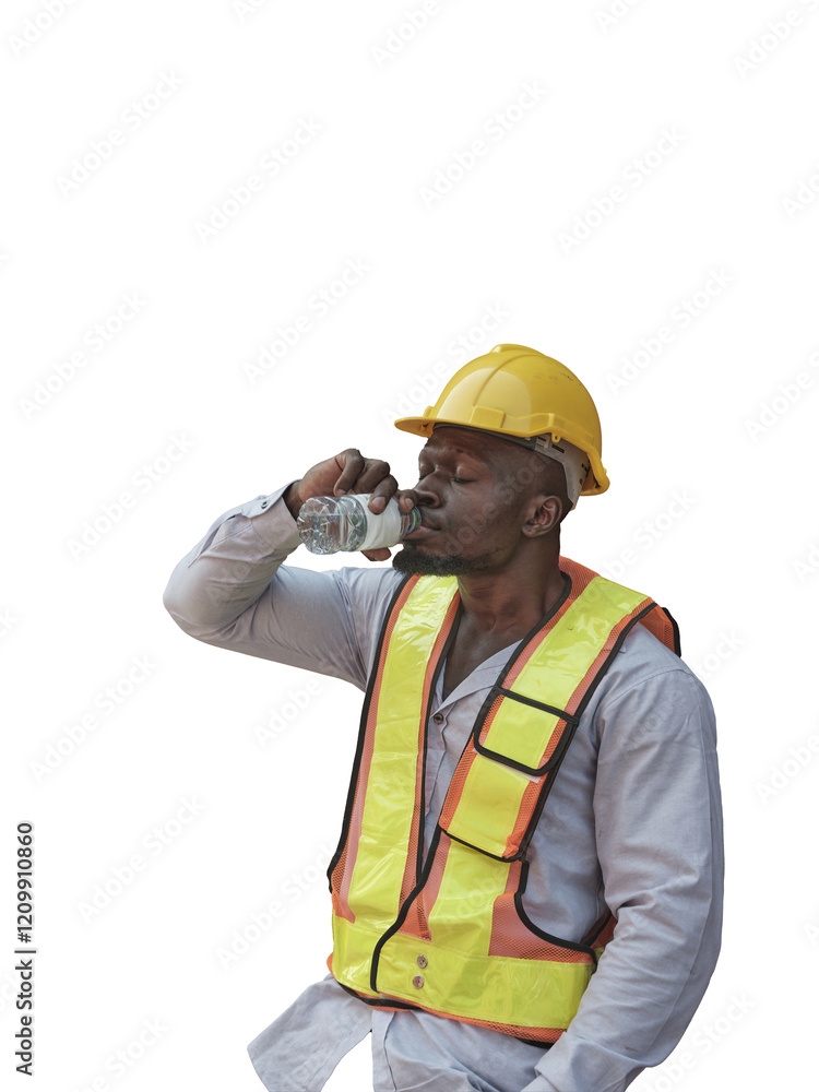 Worker drinking water on a hot day, exhausted and tired after a long shift. Concept of hydration and rest for hard-working individuals.