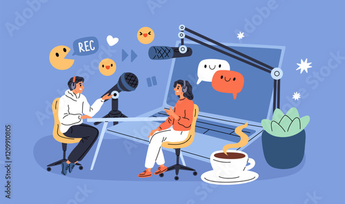 Radio broadcast host being interviewed. Podcast recording process. Live streaming service. Blogger and guest online talking in studio. Big laptop and coffee cup. Garish vector concept