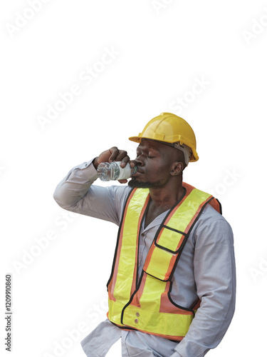 Worker drinking water on a hot day, exhausted and tired after a long shift. Concept of hydration and rest for hard-working individuals.
