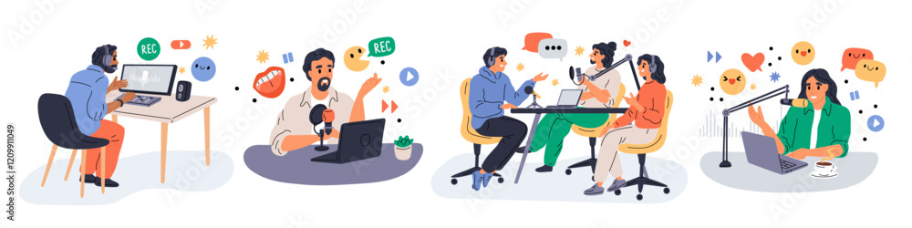 People host podcasts with guests. Audio streaming process. Internet radio. Live broadcast of interviews. Speaker using microphone and headphones. Bloggers talking. Garish vector set People host podcasts with guests. Audio streaming process. Internet radio. Live broadcast of interviews. Speaker using microphone and headphones. Bloggers talking. Garish vector set