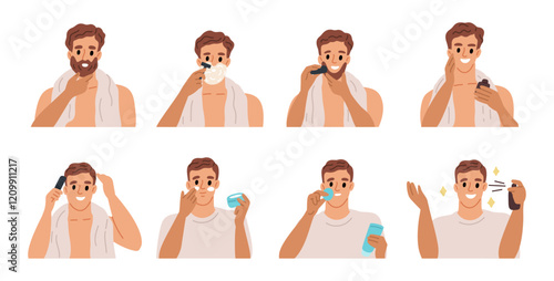 Men facial hygiene. Funny guy takes care of skin. Face wash. Daily beauty procedure. Male shaving process. Apply moisturizing cream. Healthy lifestyle. Self love routine. Garish vector set