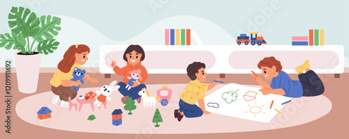 Little friends playing in room. Kids activities. Boys and girls in kindergarten draw and play with toys. Nursery playground. Teenagers on carpet. Playroom games. Garish vector concept
