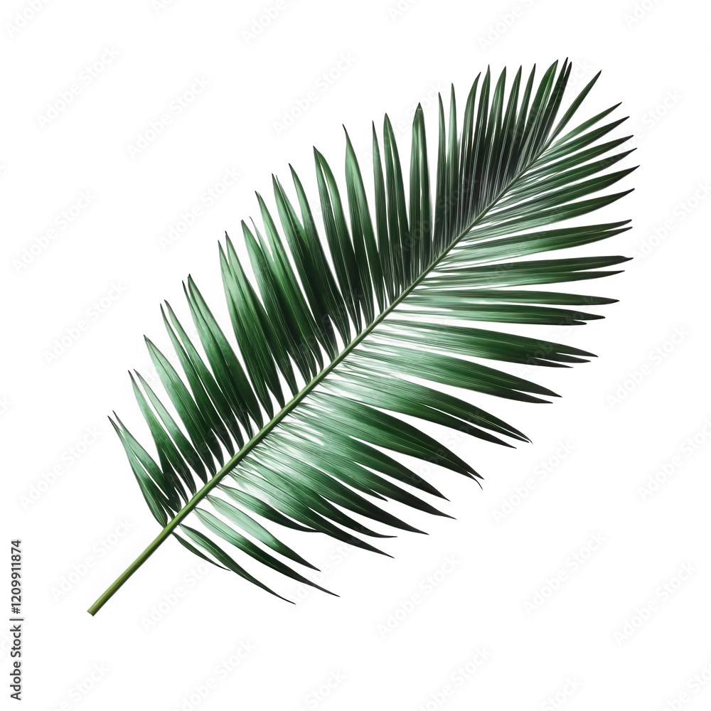 Fototapeta premium vibrant green palm leaf. showcasing its elongated shape and intricate fronds against a white background this depiction highlights the natural beauty and texture of the leaf. making it suitable for des