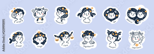 Kids zodiac signs. Cute children portraits. Comic faces. Horoscope girls and boys. Taurus and Gemini. Zodiacal cancer. Astrology calendar. Esoteric celestial icons. Garish vector set