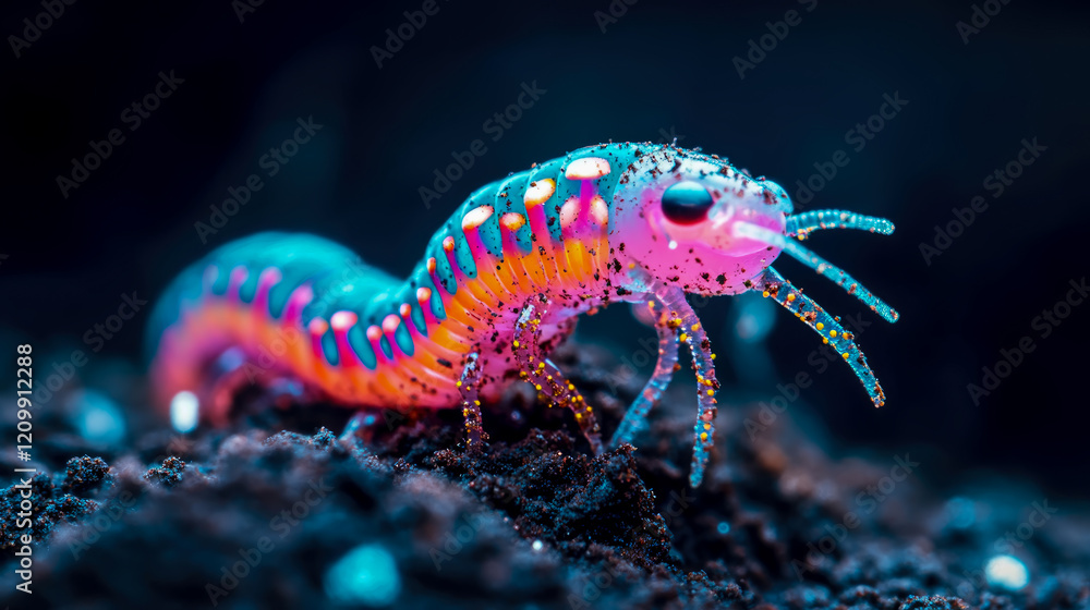 Vibrant iridescent centipede on dark soil Vibrant iridescent centipede on dark soil