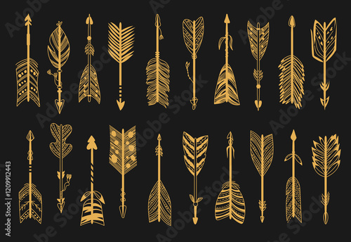 Golden Boho arrow icons. Tribal ethnic decorative elements. Ornate feathers for archery. Native Indian bow part. Doodle gold arrowhead. Indigenous hunters longbow. Splendid vector set