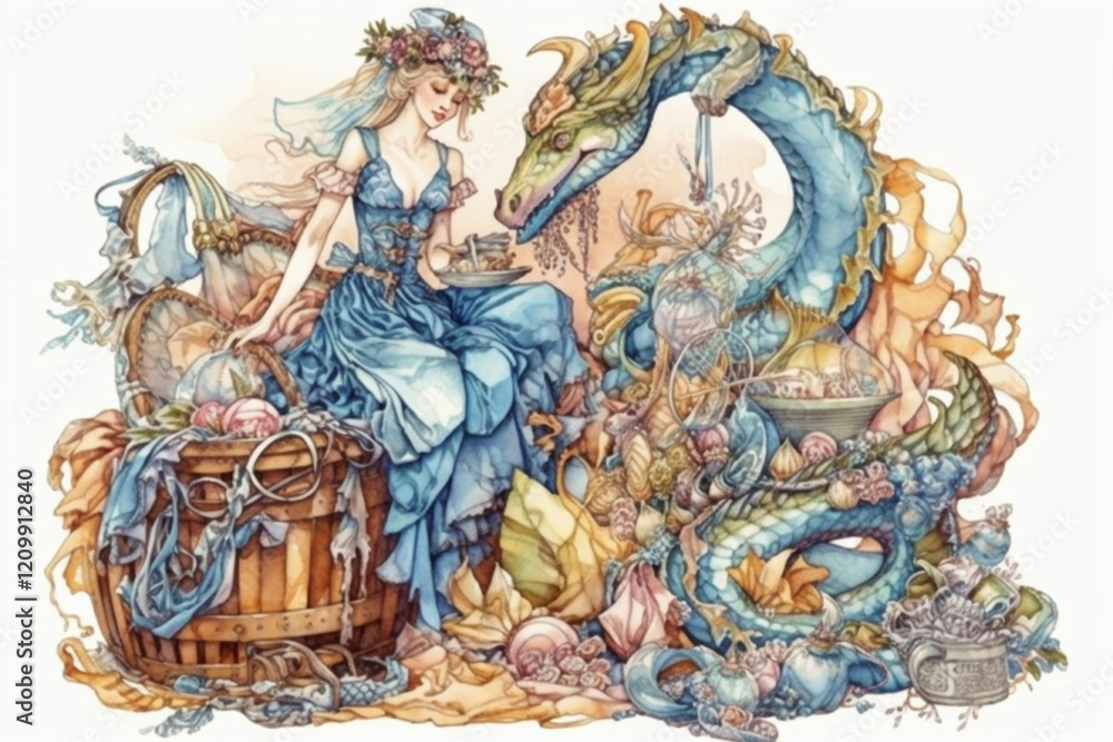 Obraz premium princess and dragon doing household chores, bathroom, Generative AI