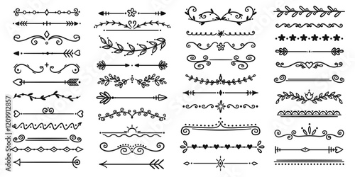 Decorative dividers. Black floral line elements. Border underlines on text page. Vintage ornaments. Retro books design. Hand drawn arrows. Botanical graphic flourish. Recent vector set