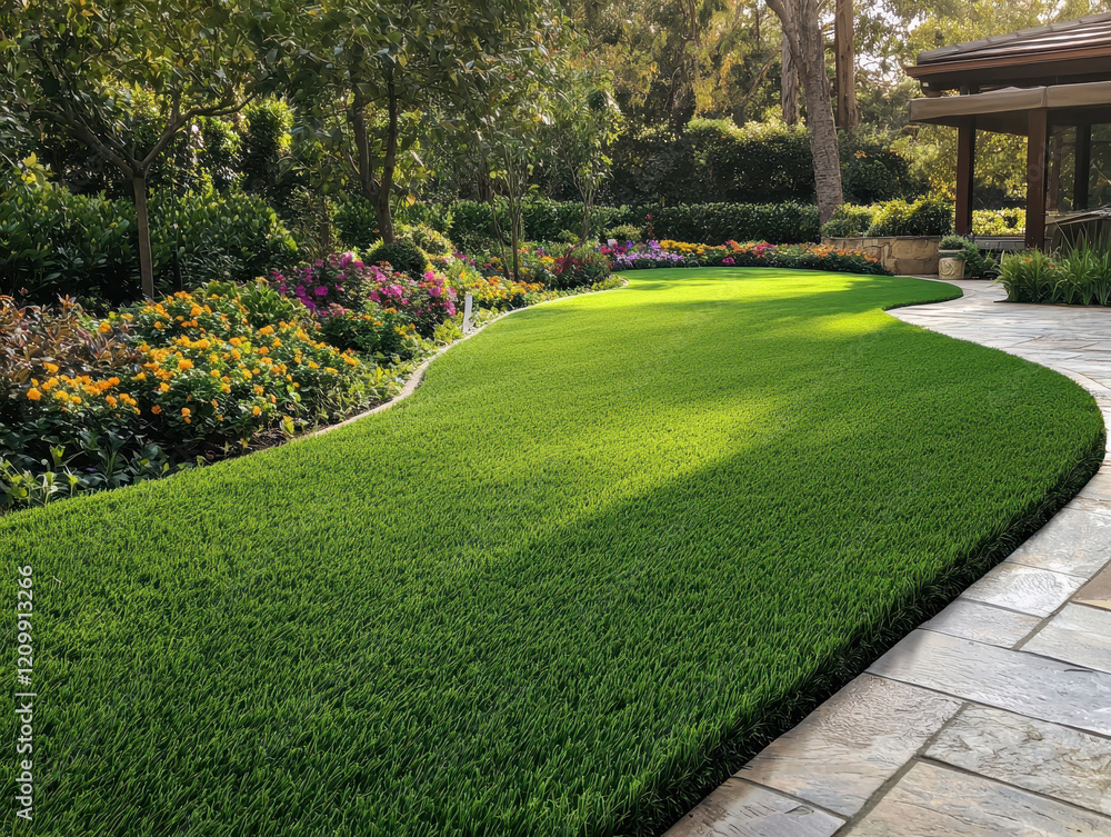 Lush artificial grass garden with vibrant flowers and greenery Lush artificial grass garden with vibrant flowers and greenery
