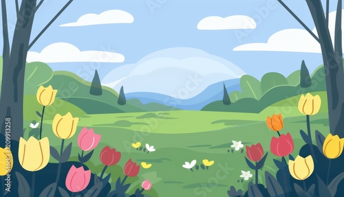 A picturesque landscape featuring a lush green meadow dotted with vibrant tulips, set against a backdrop of rolling hills, a clear blue sky, and fluffy clouds.