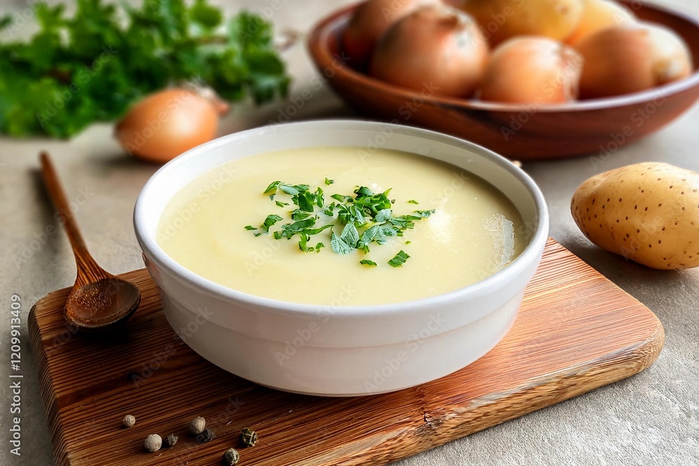 Bowl of creamy potato soup on wooden plate Bowl of creamy potato soup on wooden plate