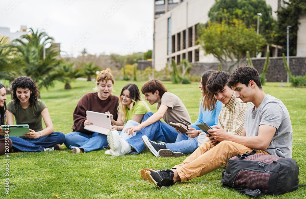Happy students studying with digital tablets sitting on grass at campus park with college building in background - Back to school concept - Main focus on right boy face Happy students studying with digital tablets sitting on grass at campus park with college building in background - Back to school concept - Main focus on right boy face