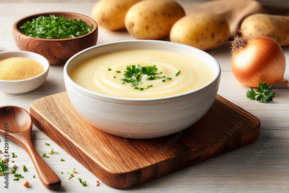Bowl of creamy potato soup on wooden plate Bowl of creamy potato soup on wooden plate