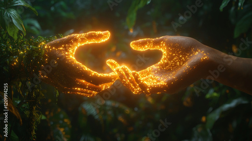 Radiant hands emit warm glow gently directing golden path weaves through lush vibrant landscape filled greenery and life symbolizing divine guidance and protection. photo