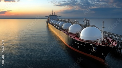 Lng tanker: vessel carrying liquefied natural gas, energy transportation, cryogenic storage, maritime export, lindustrial shipment, clean resource, sustainable distribution, offshore terminal. photo