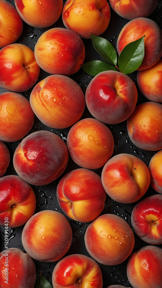 Fresh peaches with water droplets arranged on a dark surface, showcasing vibrant colors and natural textures Fresh peaches with water droplets arranged on a dark surface, showcasing vibrant colors and natural textures