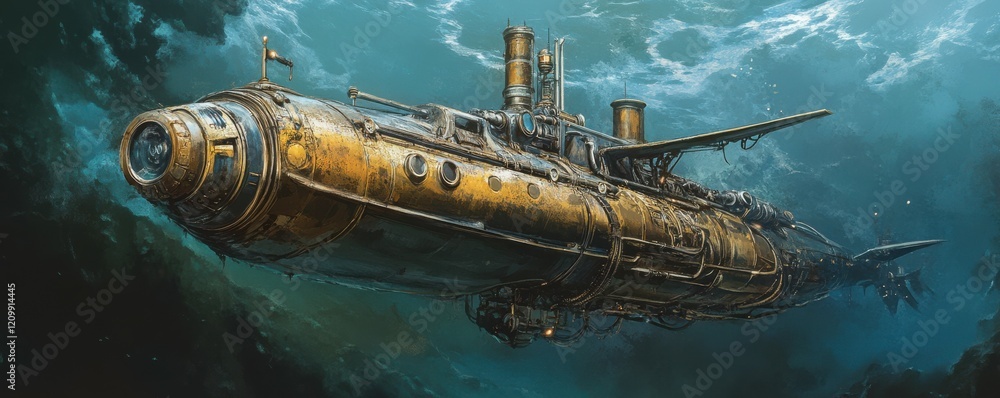 Naklejka premium A steampunk submarine exploring the depths of an alien ocean.