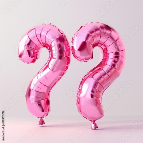 A shiny, metallic pink question mark balloon stands out against a white background photo