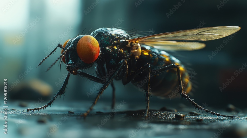 Close-up of a fly resting on a smooth surface, its wings slightly spread and body details in sharp focus. Close-up of a fly resting on a smooth surface, its wings slightly spread and body details in sharp focus.