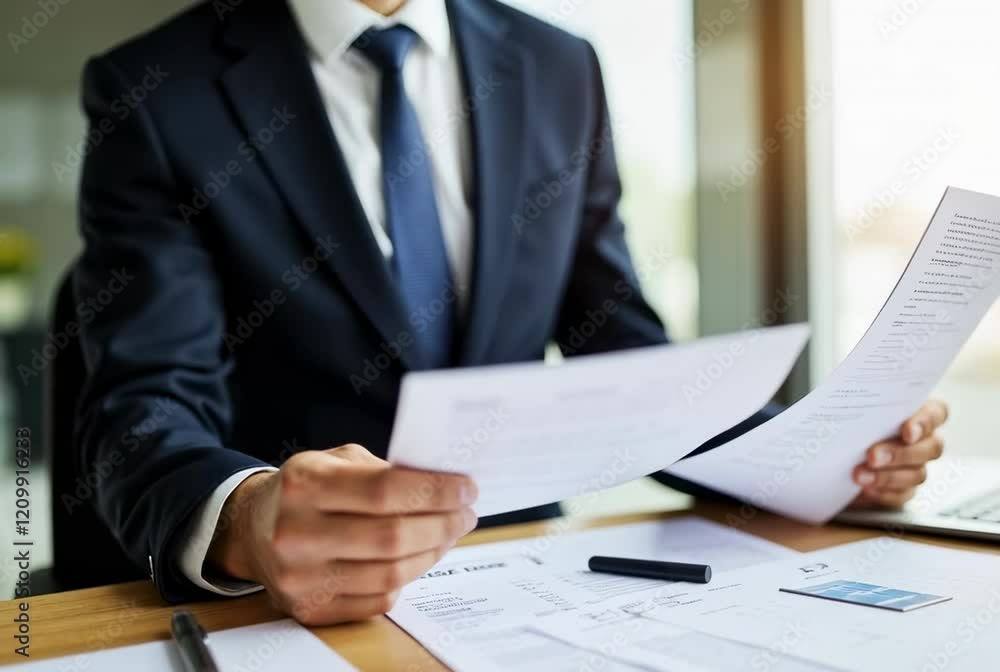 Professional Businessman Analyzing Financial Reports and Contracts at Modern Office Table with Documents, Laptop, and Pen in Background Professional Businessman Analyzing Financial Reports and Contracts at Modern Office Table with Documents, Laptop, and Pen in Background