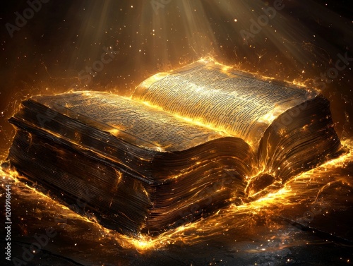 ancient book lies open revealing flowing golden text symbolizes divine wisdom and destiny. Soft rays of heavenly light illuminate scene creating sense of tranquility. photo