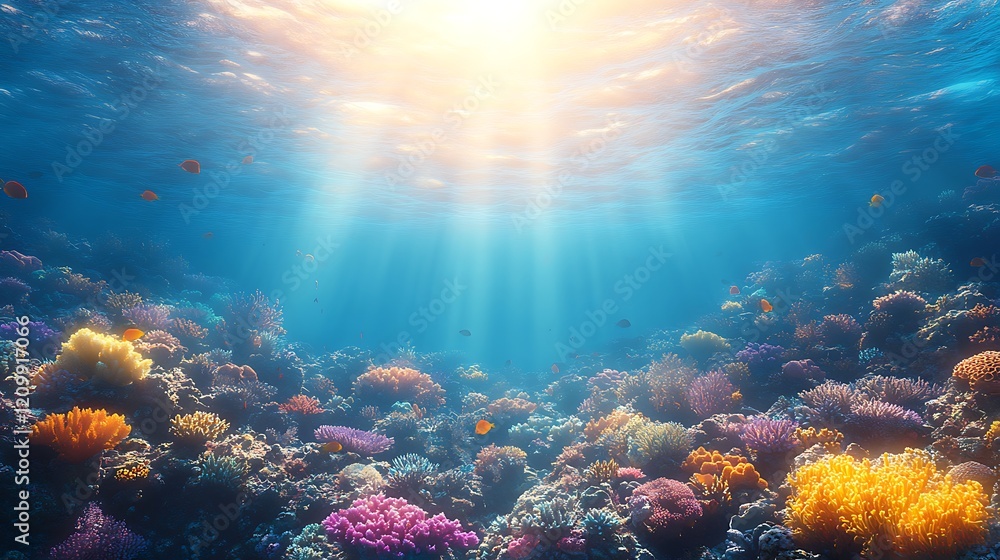 Fototapeta premium Sunbeams Dance on Coral Reef: Vibrant coral reef teeming with life, bathed in the radiant glow of sunbeams penetrating the crystal-clear ocean water.